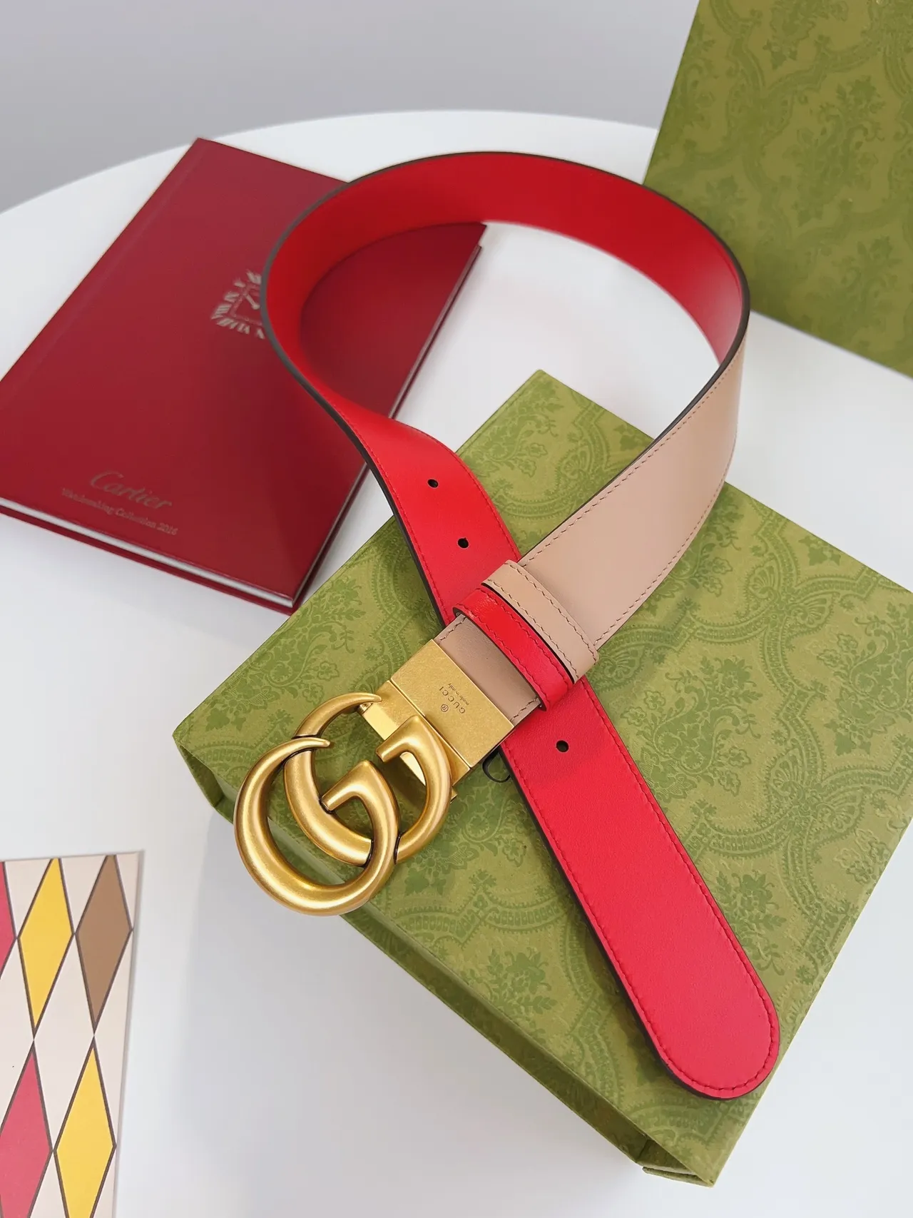 Gucci GG Marmont Ceinture en cuir rouge et beige réversible 9