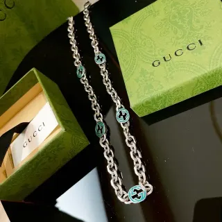 Gucci GG Marmont Silver Green Chunky Curb Chain Enamel Charms Necklace