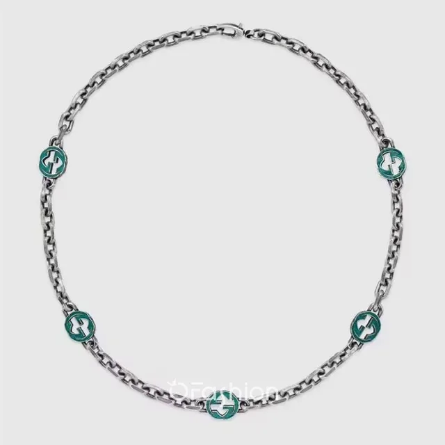 Gucci GG Marmont Silver Green Chunky Curb Chain Enamel Charms Necklace 2