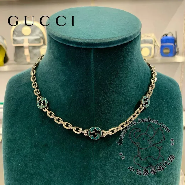 Gucci GG Marmont Silver Green Chunky Curb Chain Enamel Charms Necklace 3