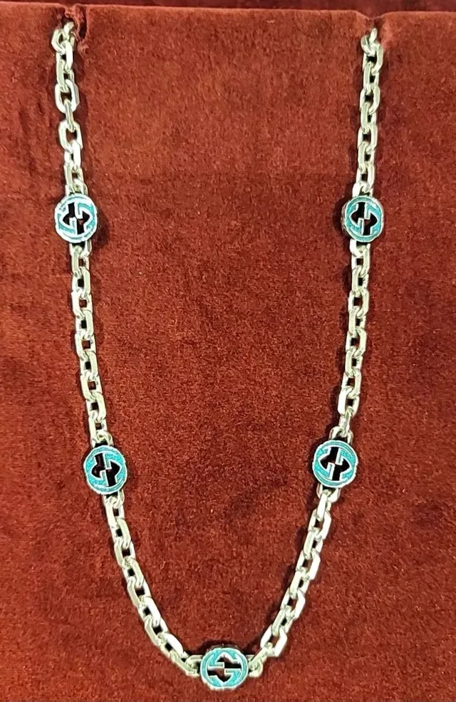 Gucci GG Marmont Silver Green Chunky Curb Chain Enamel Charms Necklace 4