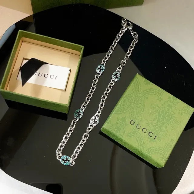 Gucci GG Marmont Silver Green Chunky Curb Chain Enamel Charms Necklace 6