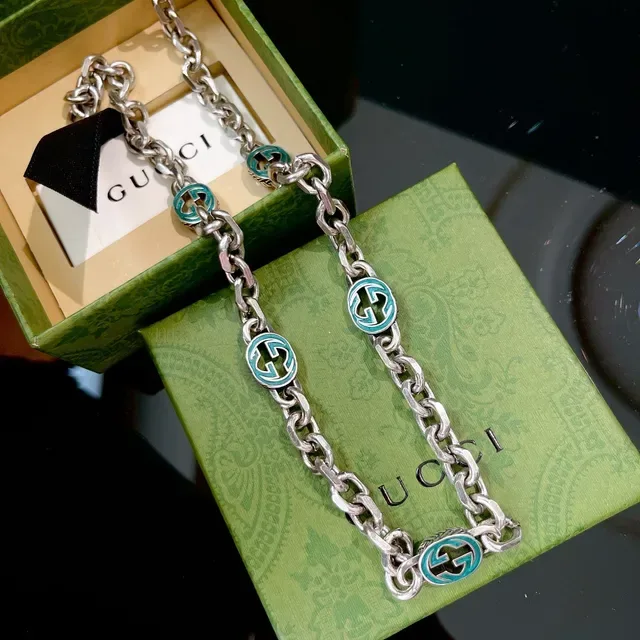 Gucci GG Marmont Silver Green Chunky Curb Chain Enamel Charms Necklace 7