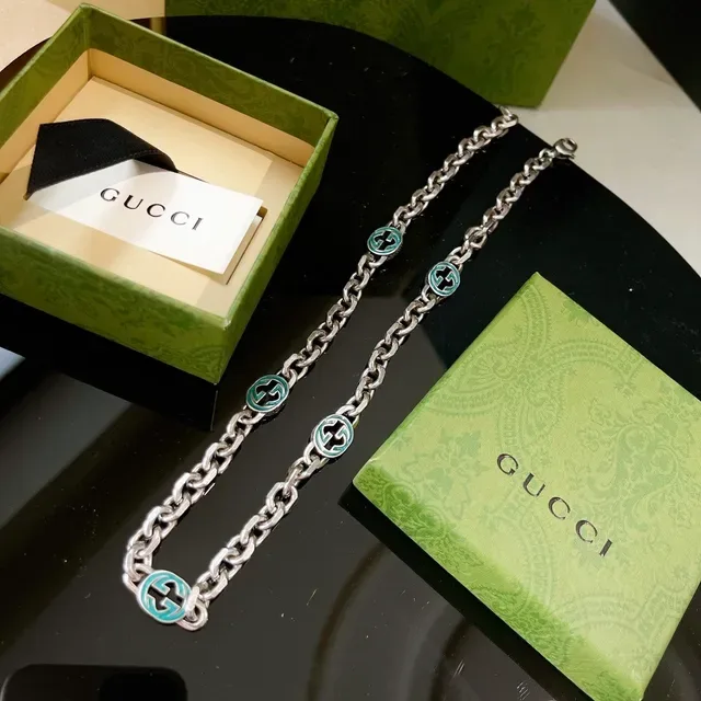 Gucci GG Marmont Silver Green Chunky Curb Chain Enamel Charms Necklace 8