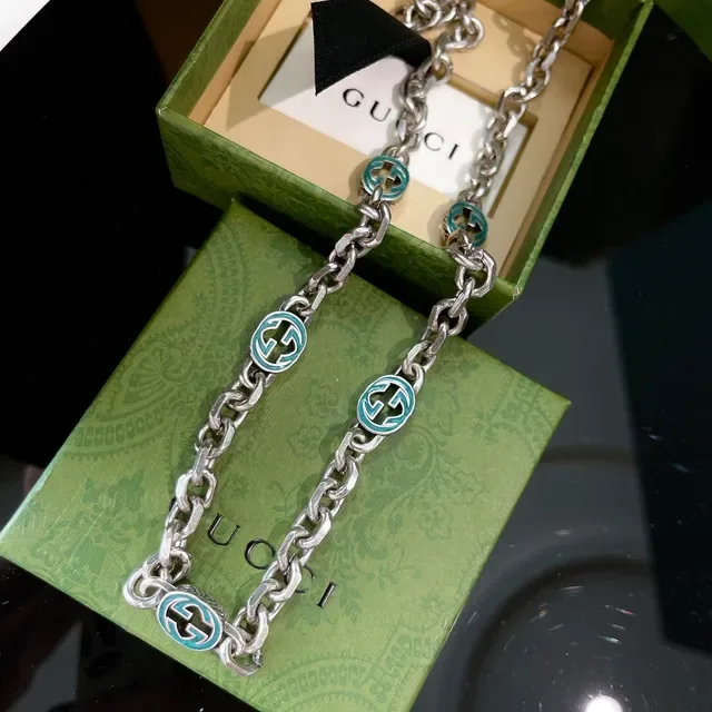 Gucci GG Marmont Silver Green Chunky Curb Chain Enamel Charms Necklace 9