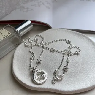 Gucci GG Marmont Silver Interlocking G Logo Pendant Ball-Bead Chain Necklace