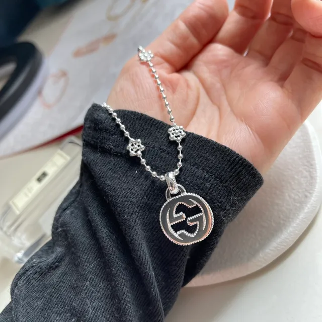 Gucci GG Marmont Silver Interlocking G Logo Pendant Ball-Bead Chain Necklace 2