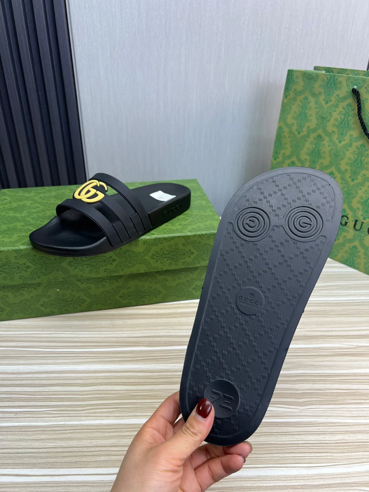 Gucci GG Marmont Slide Black Yellow Rubber Construction Dual-Strap Design Slippers 2