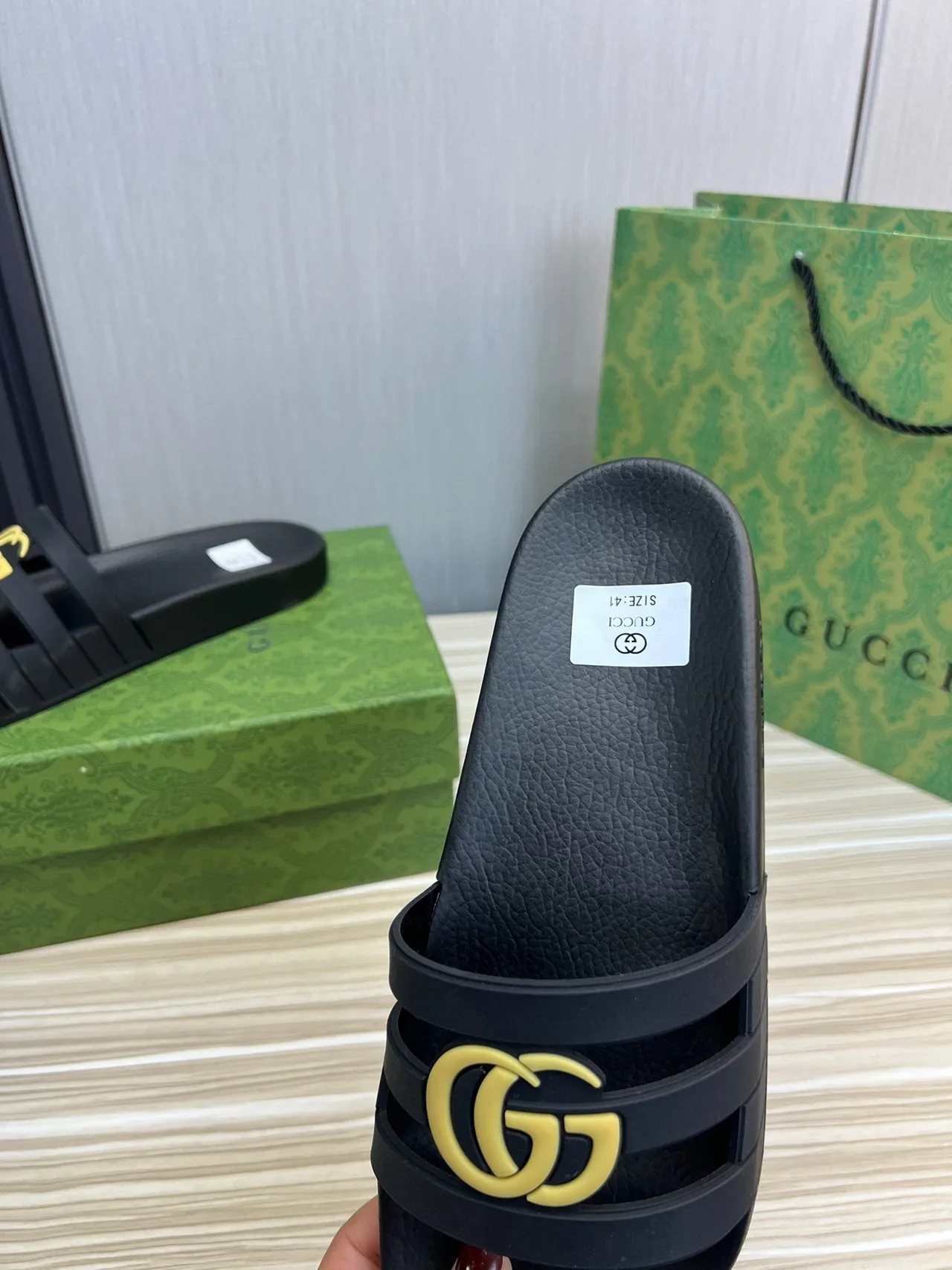 Gucci GG Marmont Slide Black Yellow Rubber Construction Dual-Strap Design Slippers 3
