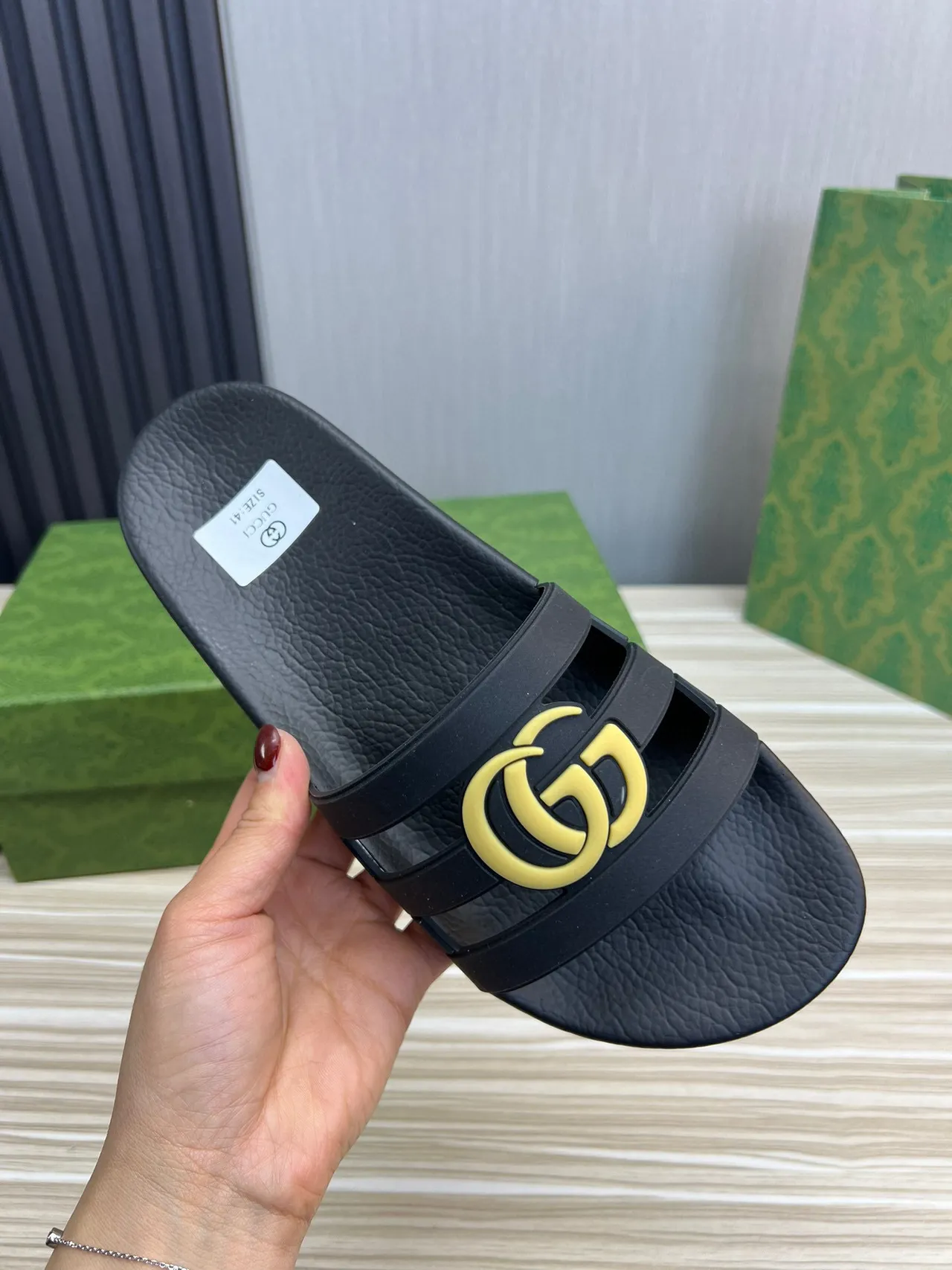 Gucci GG Marmont Slide Black Yellow Rubber Construction Dual-Strap Design Slippers 4