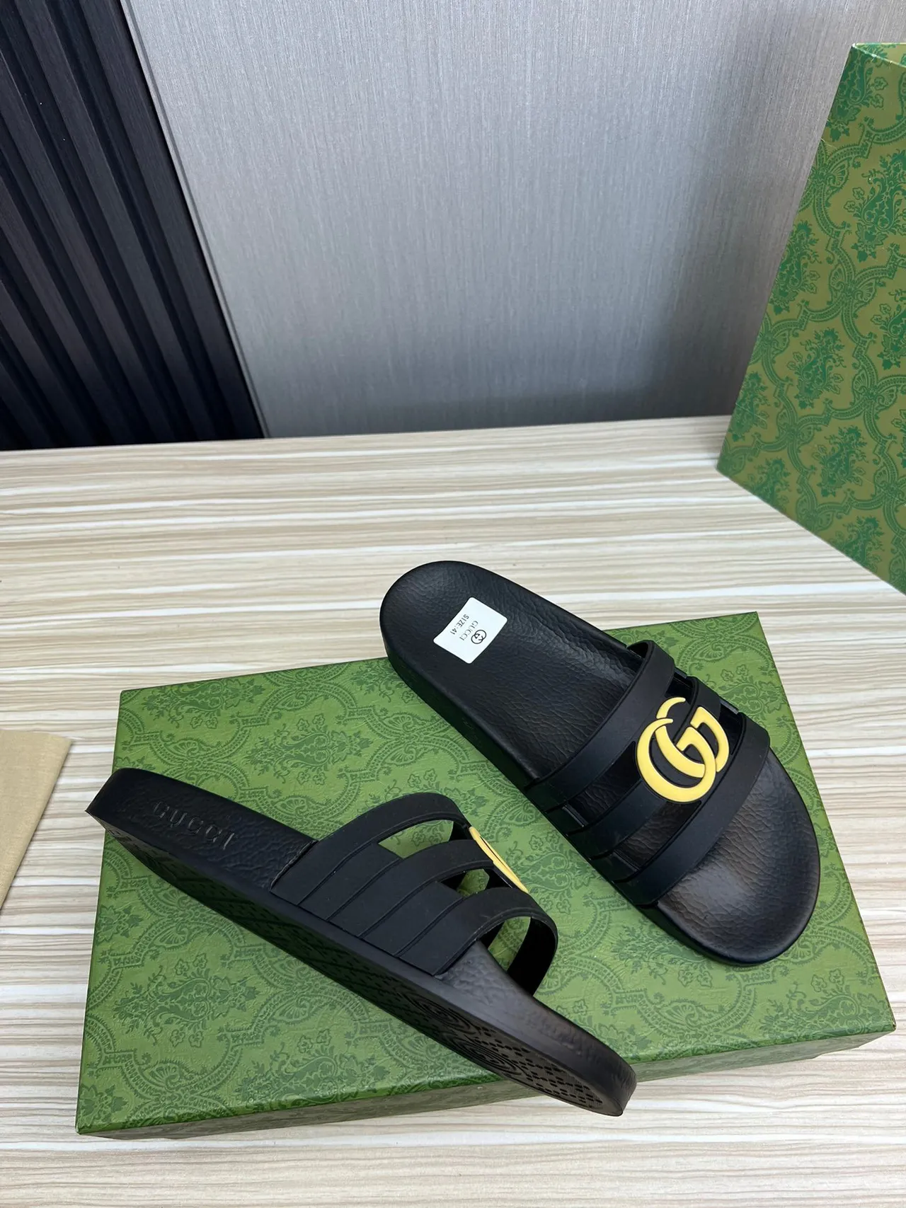 Gucci GG Marmont Slide Black Yellow Rubber Construction Dual-Strap Design Slippers 5