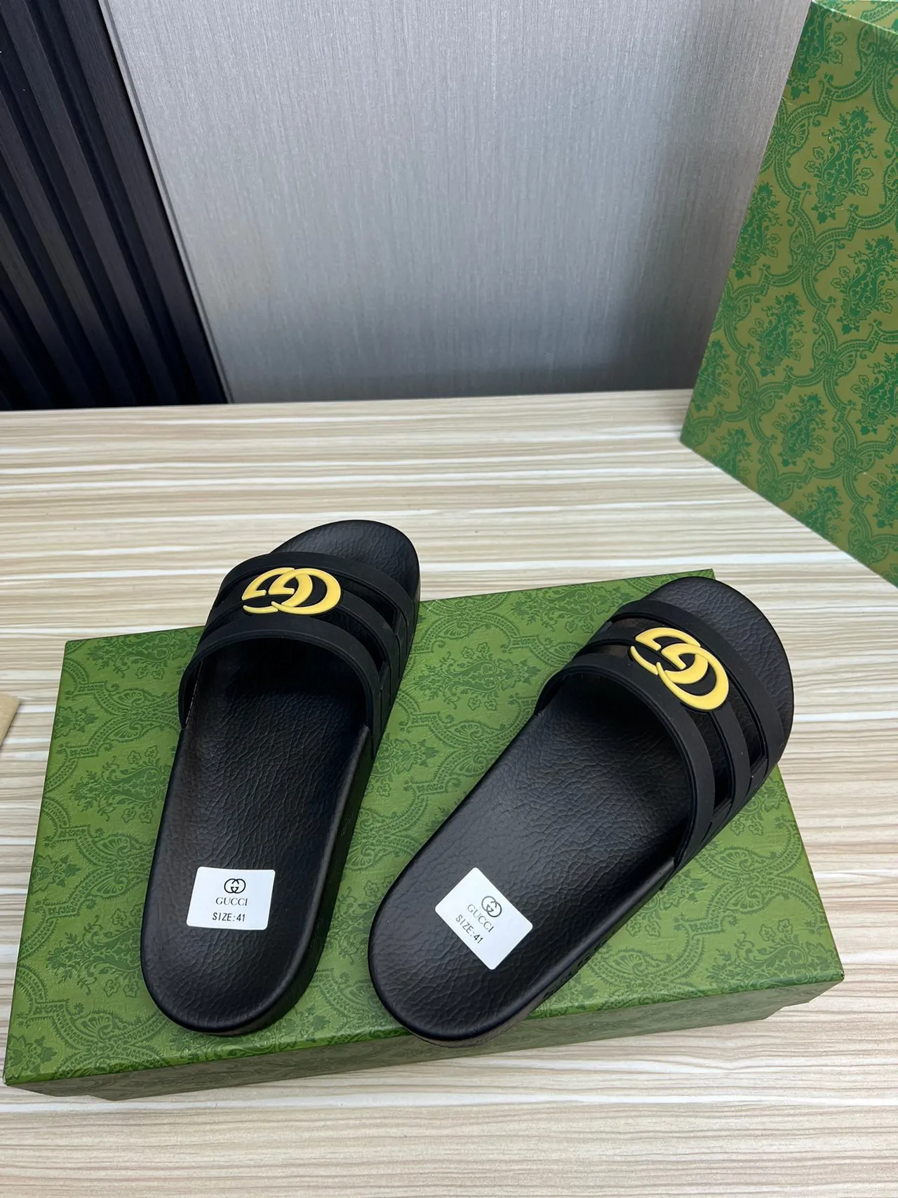 Gucci GG Marmont Slide Black Yellow Rubber Construction Dual-Strap Design Slippers 6