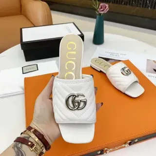 Gucci GG Marmont White Gold Quilted Matelassé Leather Interlocking G Hardware Slippers