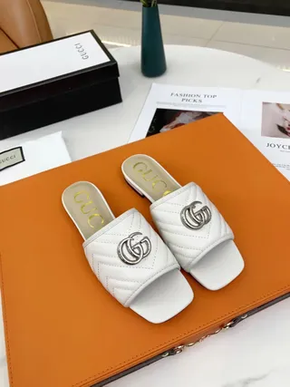 Gucci GG Marmont White Gold Quilted Matelassé Leather Interlocking G Hardware Slippers 5