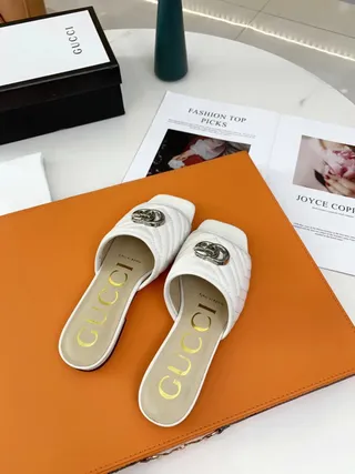 Gucci GG Marmont White Gold Quilted Matelassé Leather Interlocking G Hardware Slippers 8