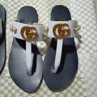 Gucci GG Marmont White Gray Interlocking Buckle Pearl Embellishments Casual Sandals