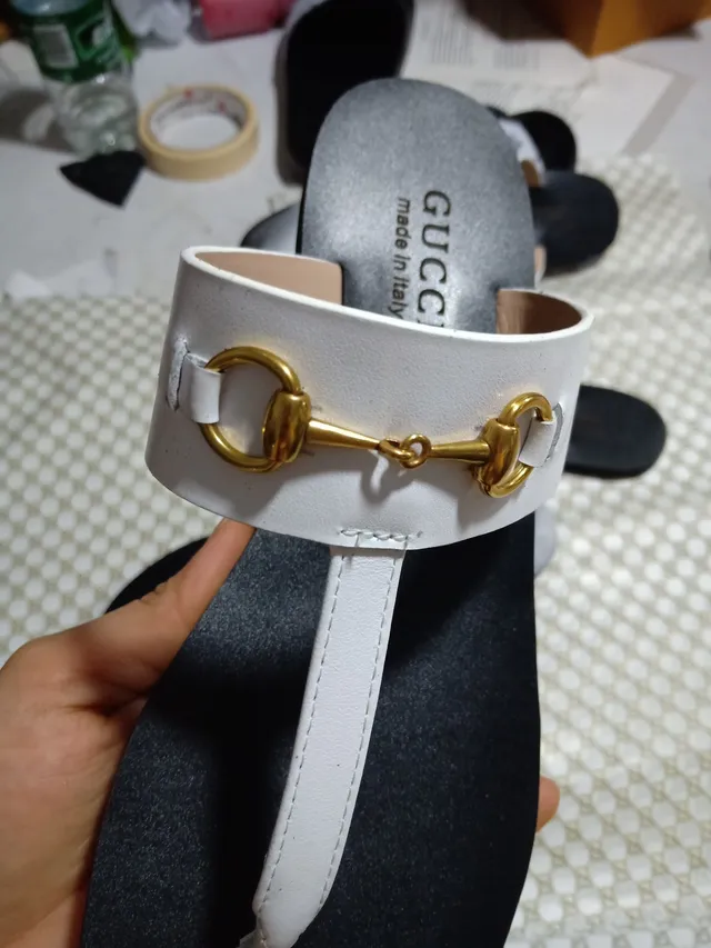 Gucci GG Marmont Blanc Gris Boucle entrelacée Perles ornementales Sandales casual 5
