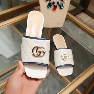 Gucci GG Marmont White Navy Quilted Leather Interlocking G Buckle Slippers