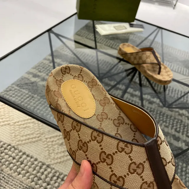 Gucci GG Monogram Canvas Brown Leather Strap Slippers 2