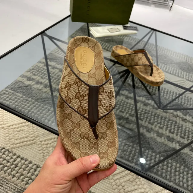 Gucci GG Monogram Canvas Brown Leather Strap Slippers 4