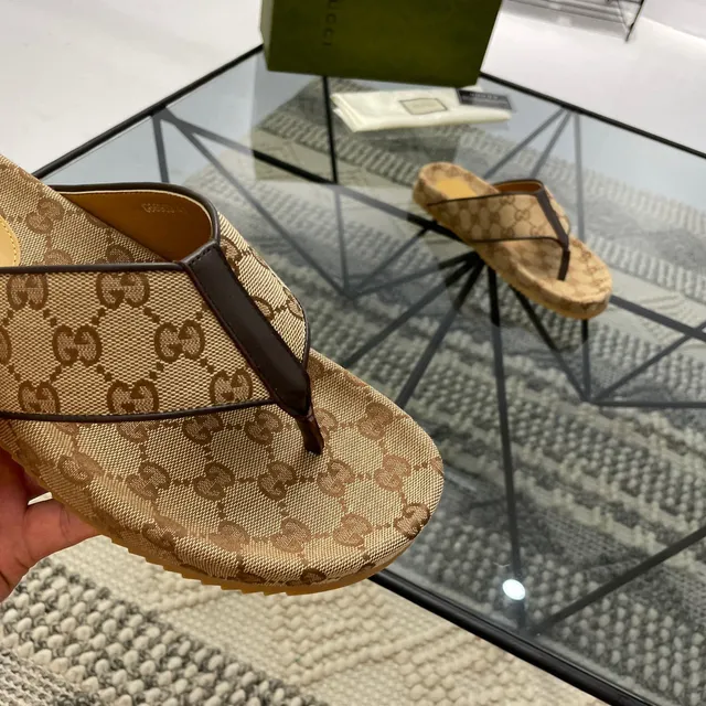 Gucci GG Monogram Canvas Brown Leather Strap Slippers 5