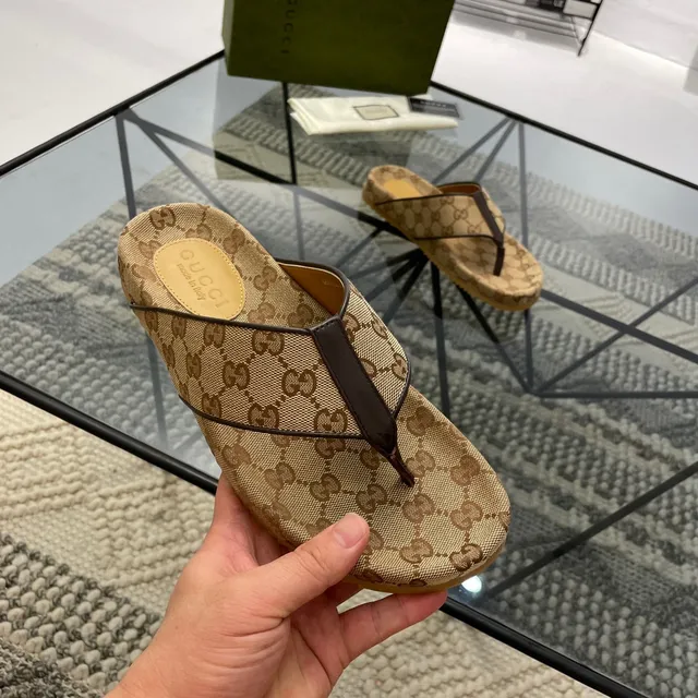 Gucci GG Monogram Canvas Brown Leather Strap Slippers 6
