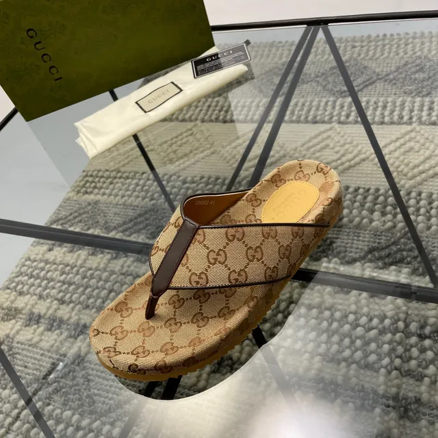 Gucci GG Monogram Canvas Brown Leather Strap Slippers 7