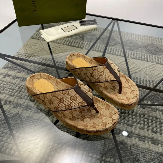 Gucci GG Monogram Canvas Brown Leather Strap Slippers 8
