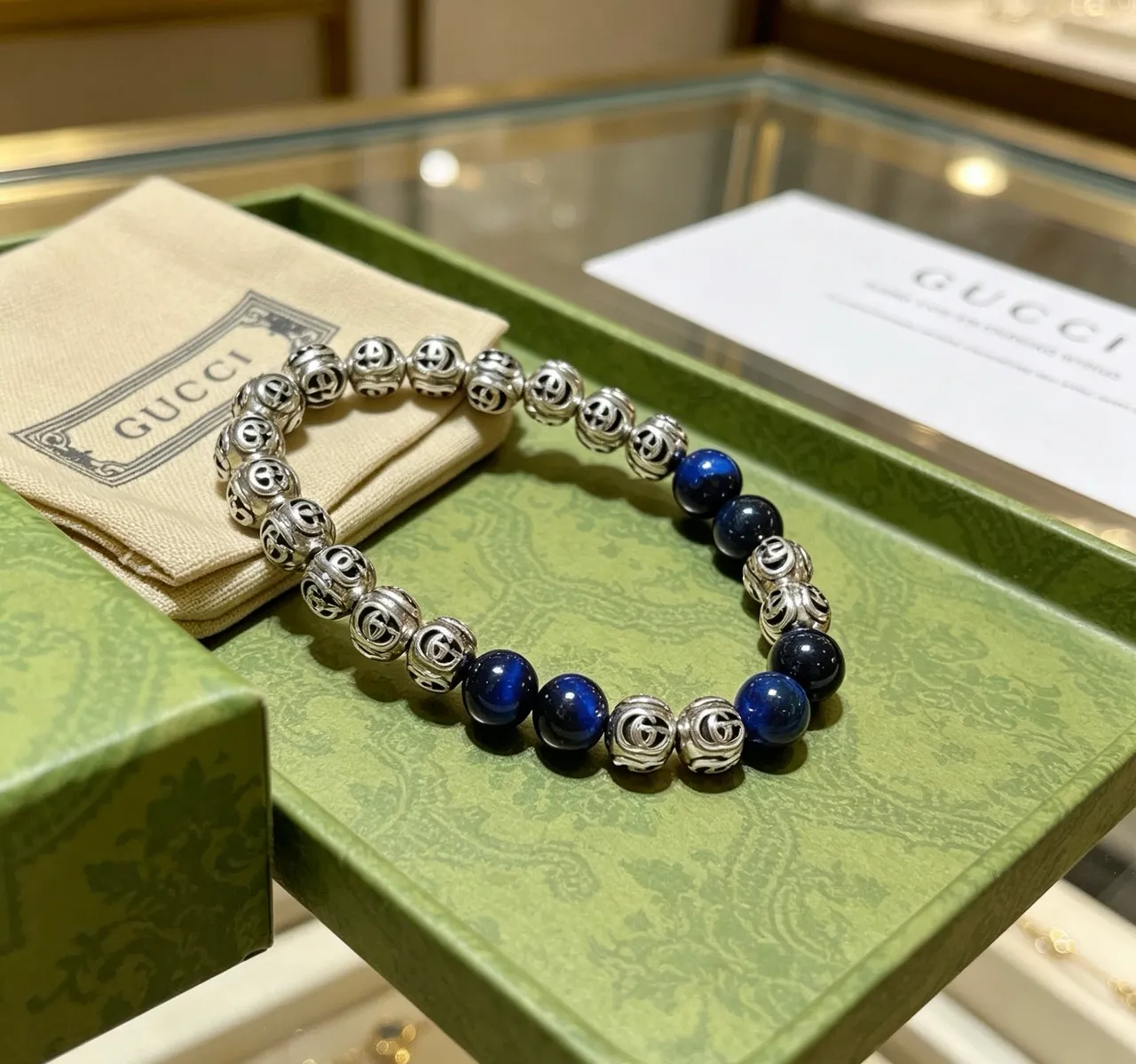 Gucci GG Motif Pulseira de metal azul prateada com contas 3