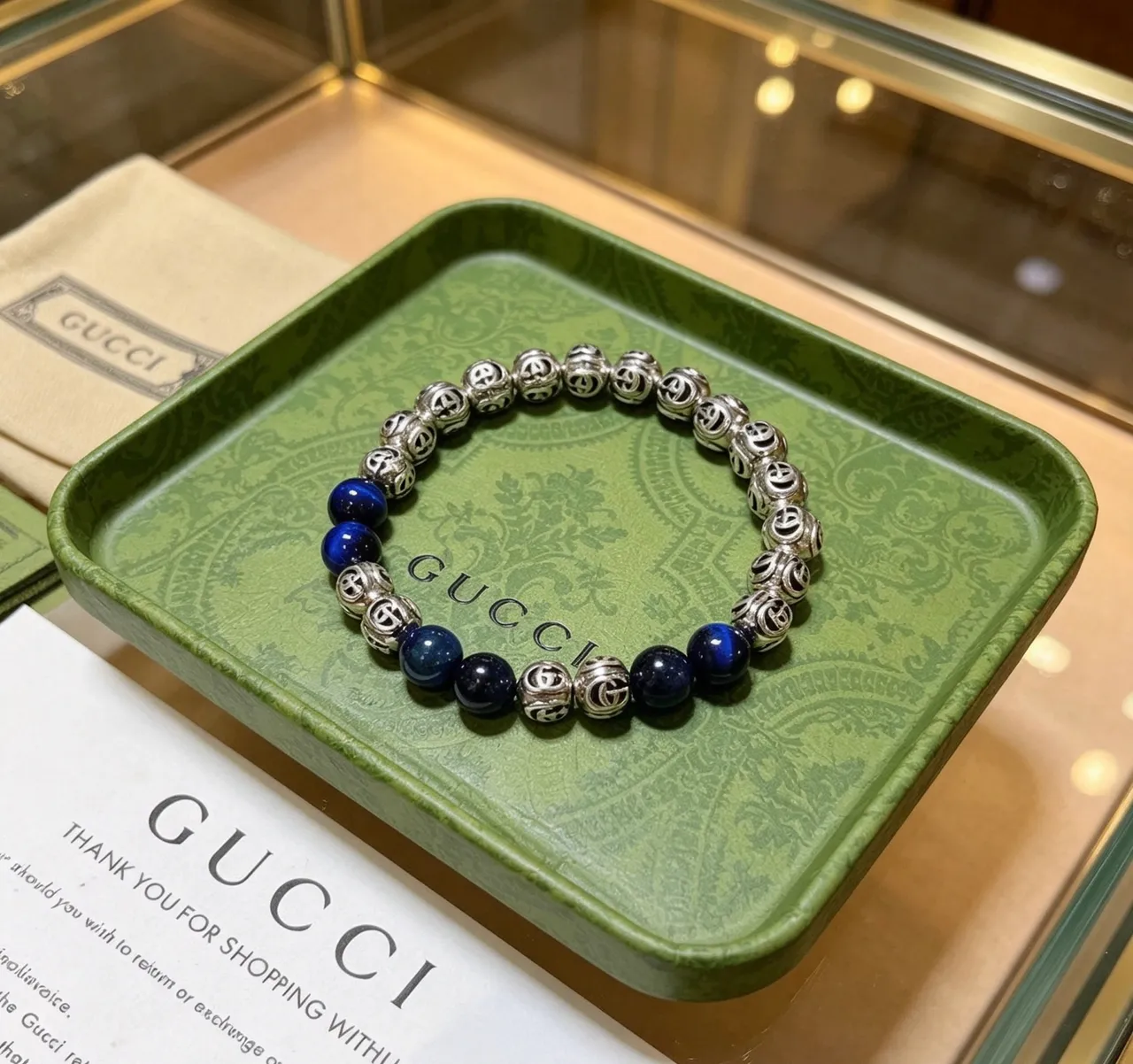 Gucci GG Motif Pulseira de metal azul prateada com contas 6