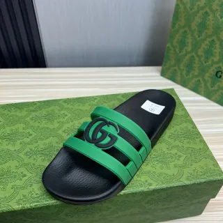 Gucci GG Slide Black and Green Dual-Strap Slippers