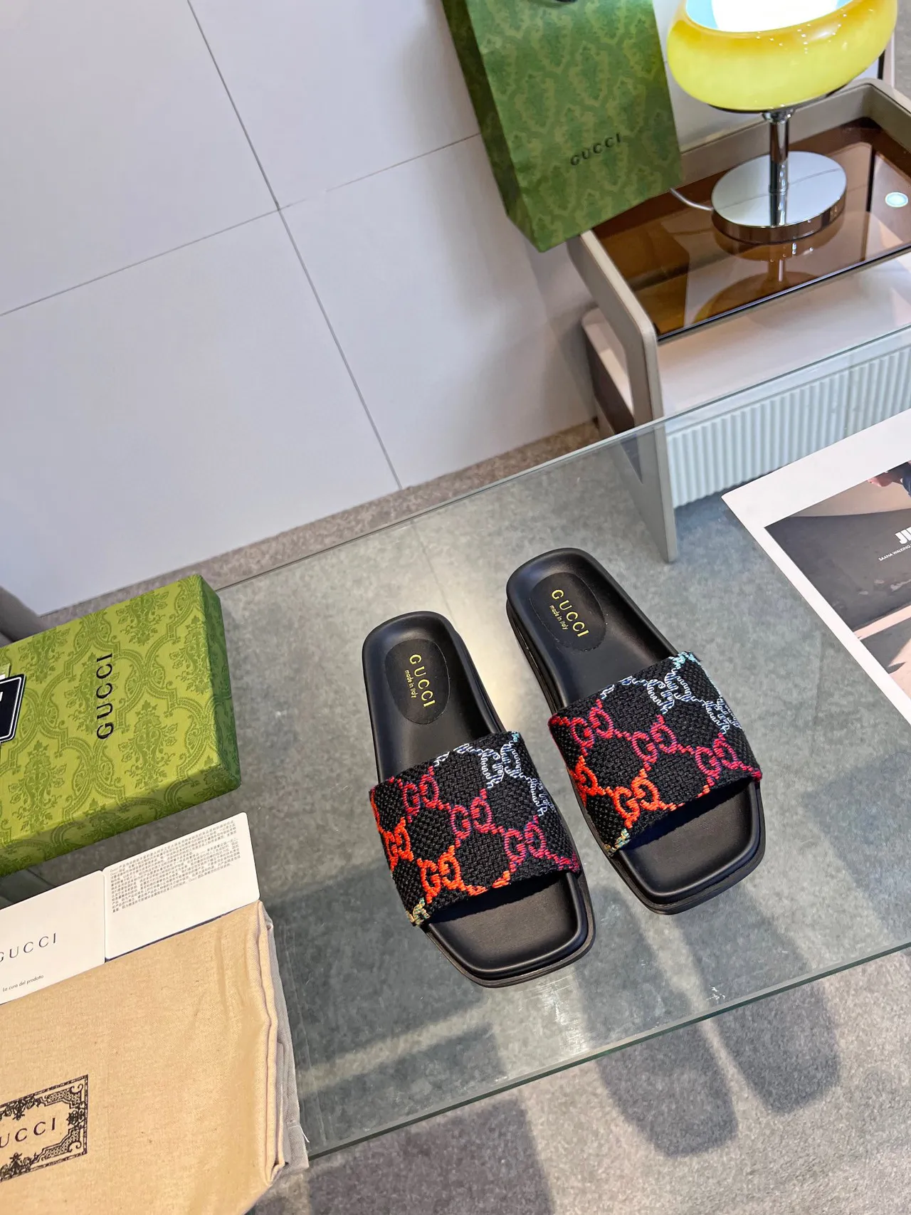 Gucci GG Slide Black Multicolor Woven Strap Flat Slippers 1