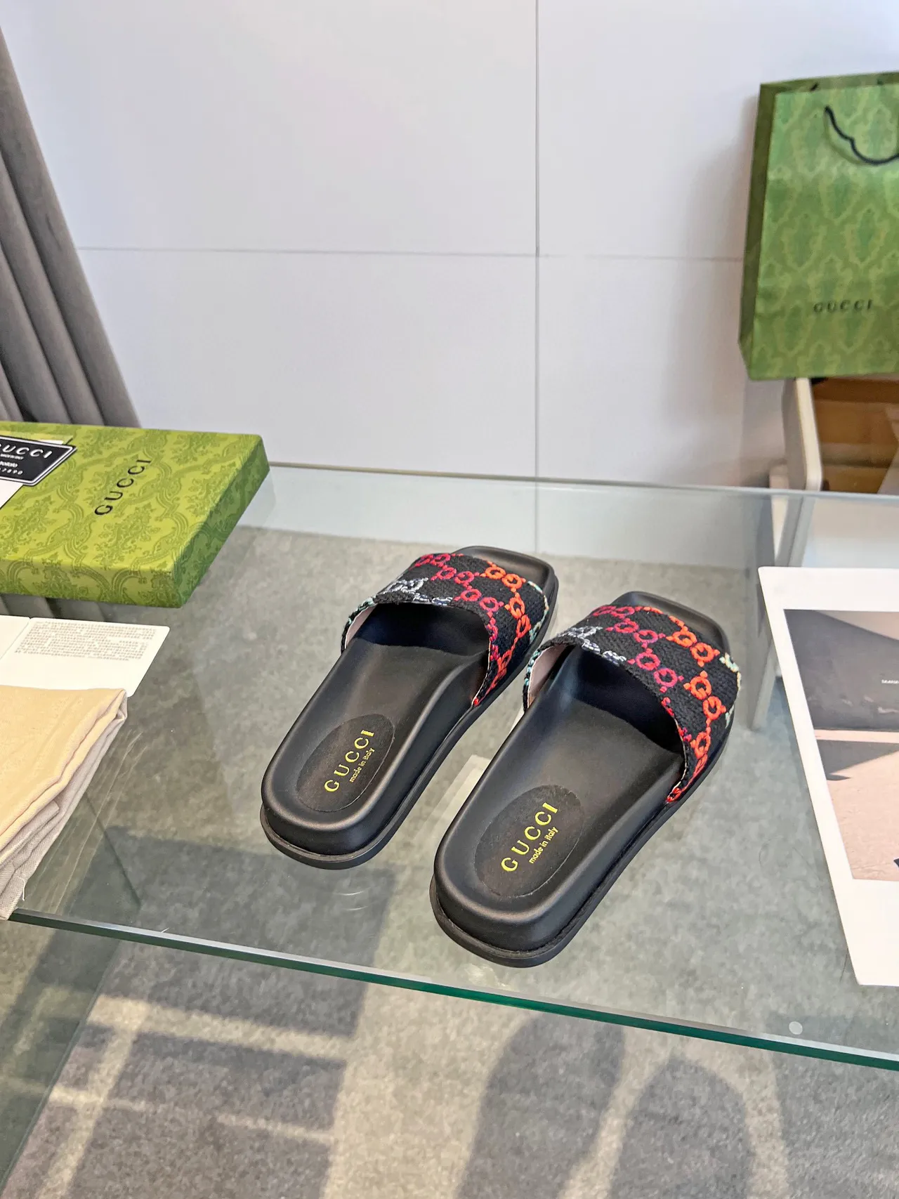 Gucci GG Slide Black Multicolor Woven Strap Flat Slippers 4