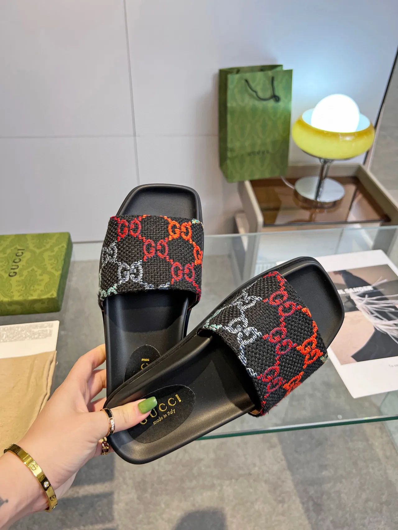 Gucci GG Slide Black Multicolor Woven Strap Flat Slippers 7