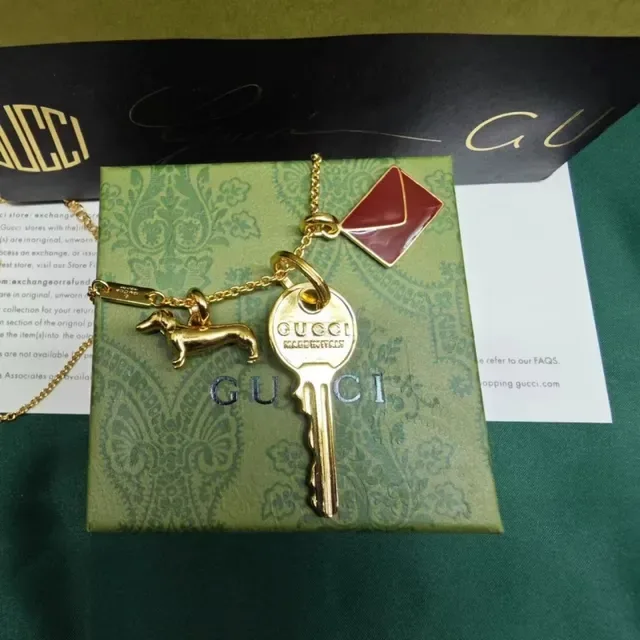 Gucci Gold Burgundy Key-Shaped Pendant Dachshund Charm Necklace 4