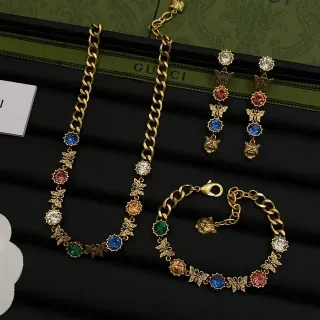 Gucci Gold Multicolor Curb Chain Multicolored Crystal Accents Necklace