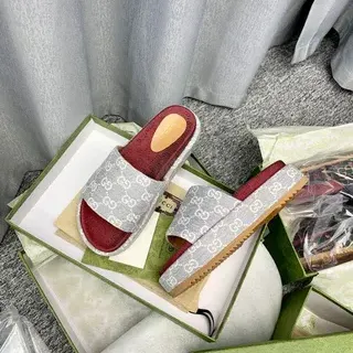 Gucci Gray Red GG Monogram Strap Leather Footbed Slippers