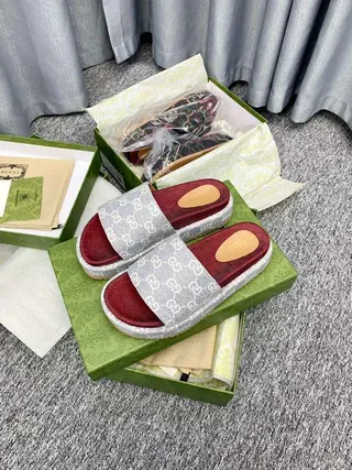 Gucci Gray Red GG Monogram Strap Leather Footbed Slippers 2