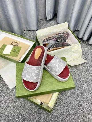 Gucci Gray Red GG Monogram Strap Leather Footbed Slippers 3