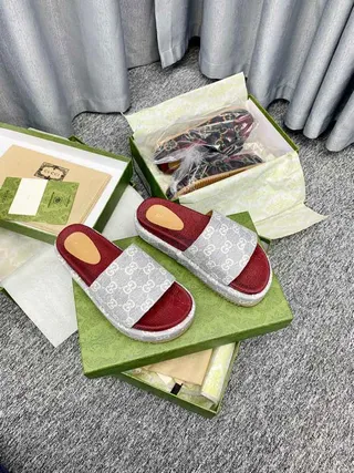 Gucci Gray Red GG Monogram Strap Leather Footbed Slippers 5