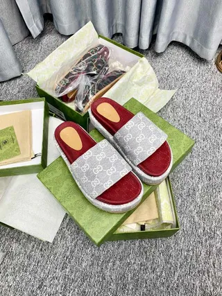Gucci Gray Red GG Monogram Strap Leather Footbed Slippers 6