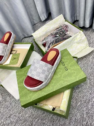Gucci Gray Red GG Monogram Strap Leather Footbed Slippers 7