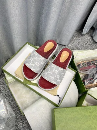 Gucci Gray Red GG Monogram Strap Leather Footbed Slippers 8
