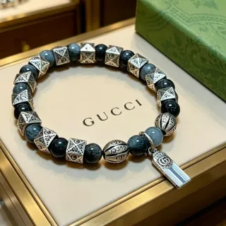Gucci Gray Silver Beaded Metal-and-Stone Bracelet