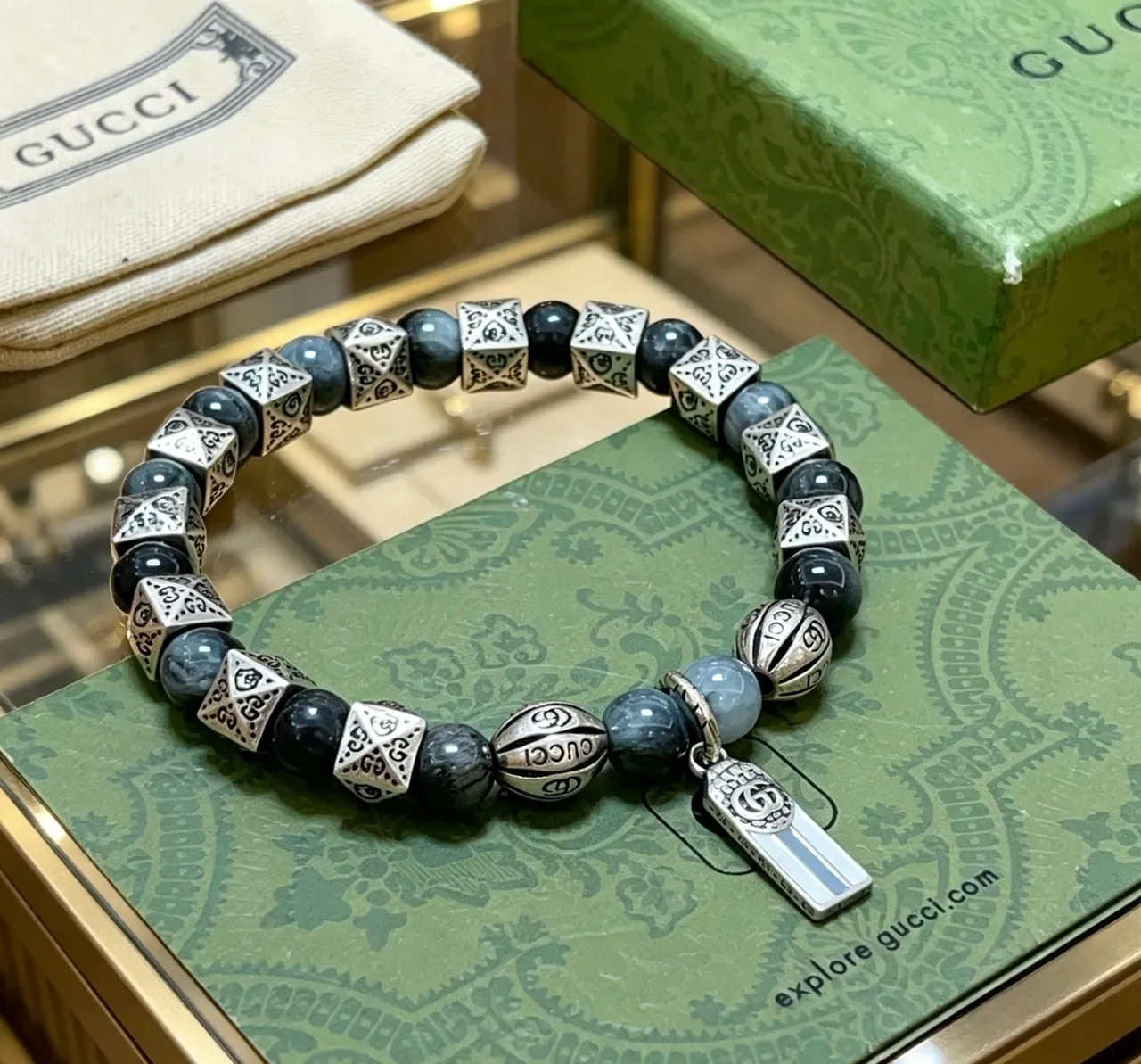 Gucci Gray Silver Beaded Metal-and-Stone Bracelet 2