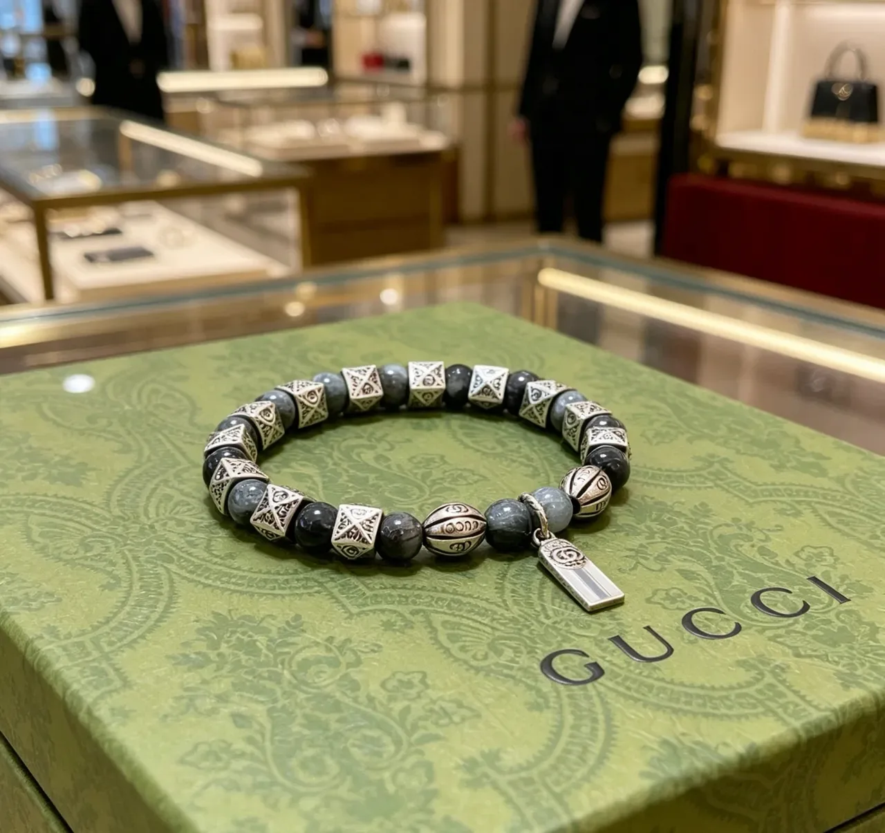 Gucci Gray Silver Beaded Metal-and-Stone Bracelet 3