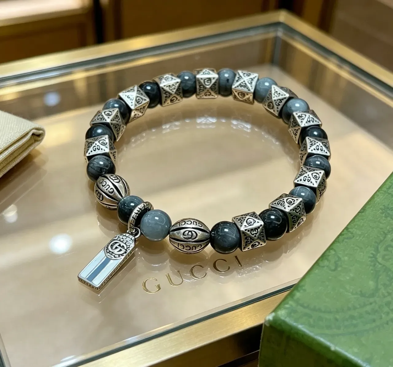 Gucci Gray Silver Beaded Metal-and-Stone Bracelet 4