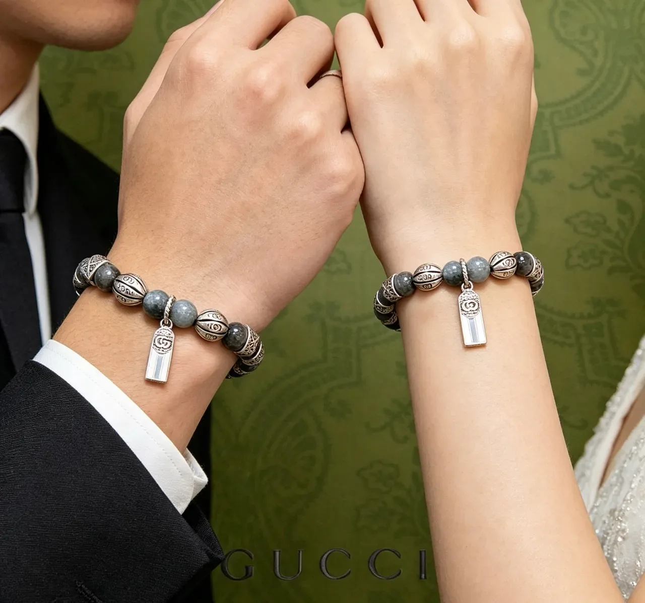 Gucci Gray Silver Beaded Metal-and-Stone Bracelet 5
