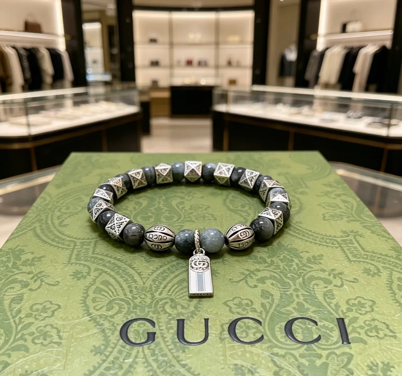 Gucci Gray Silver Beaded Metal-and-Stone Bracelet 6