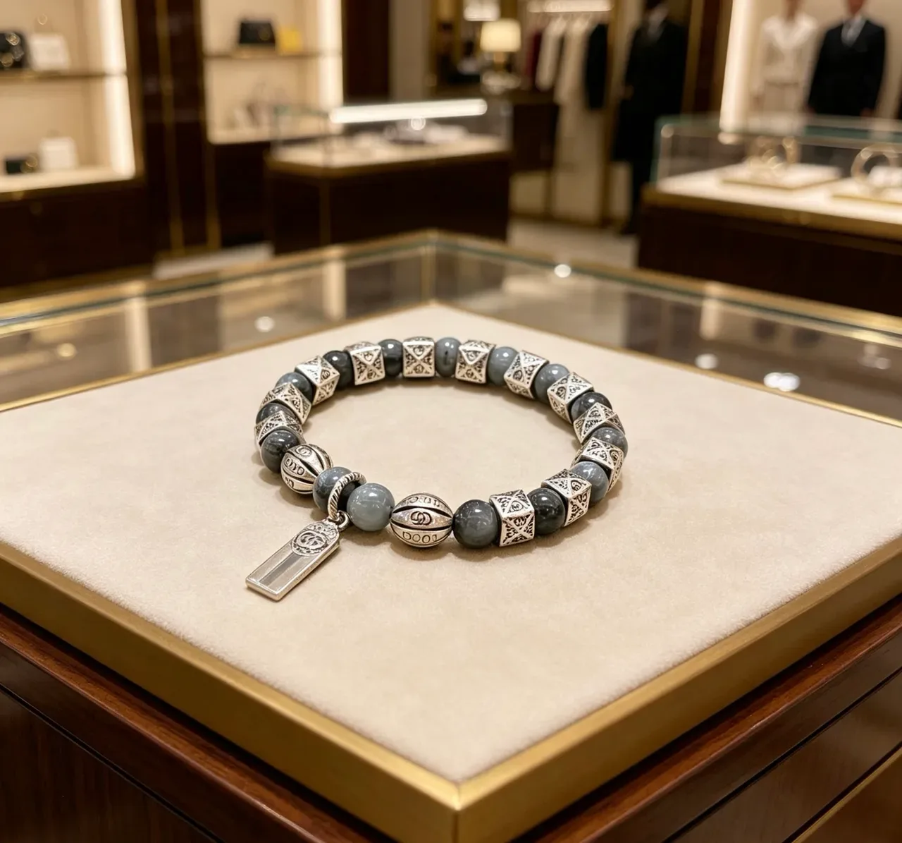 Gucci Gray Silver Beaded Metal-and-Stone Bracelet 9